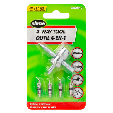 Slime 20088-2 4-Way Tire Valve Tool with 4 Valve Cores