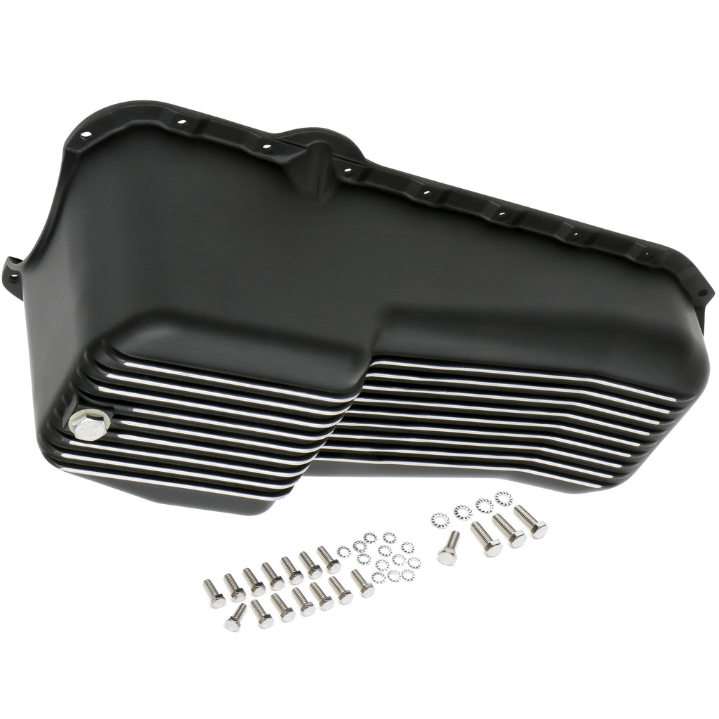 Sb-Chevy-305-350-(80-85)-Finned-Aluminum-Engine-Oil-Pan--Black-Finish