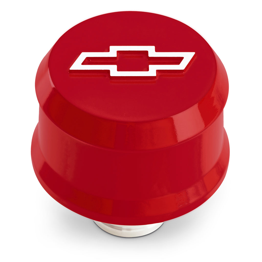 Slant-Edge-Aluminum-Breather-Cap;-Raised-Bowtie-Emblem;-Push-In;-Red