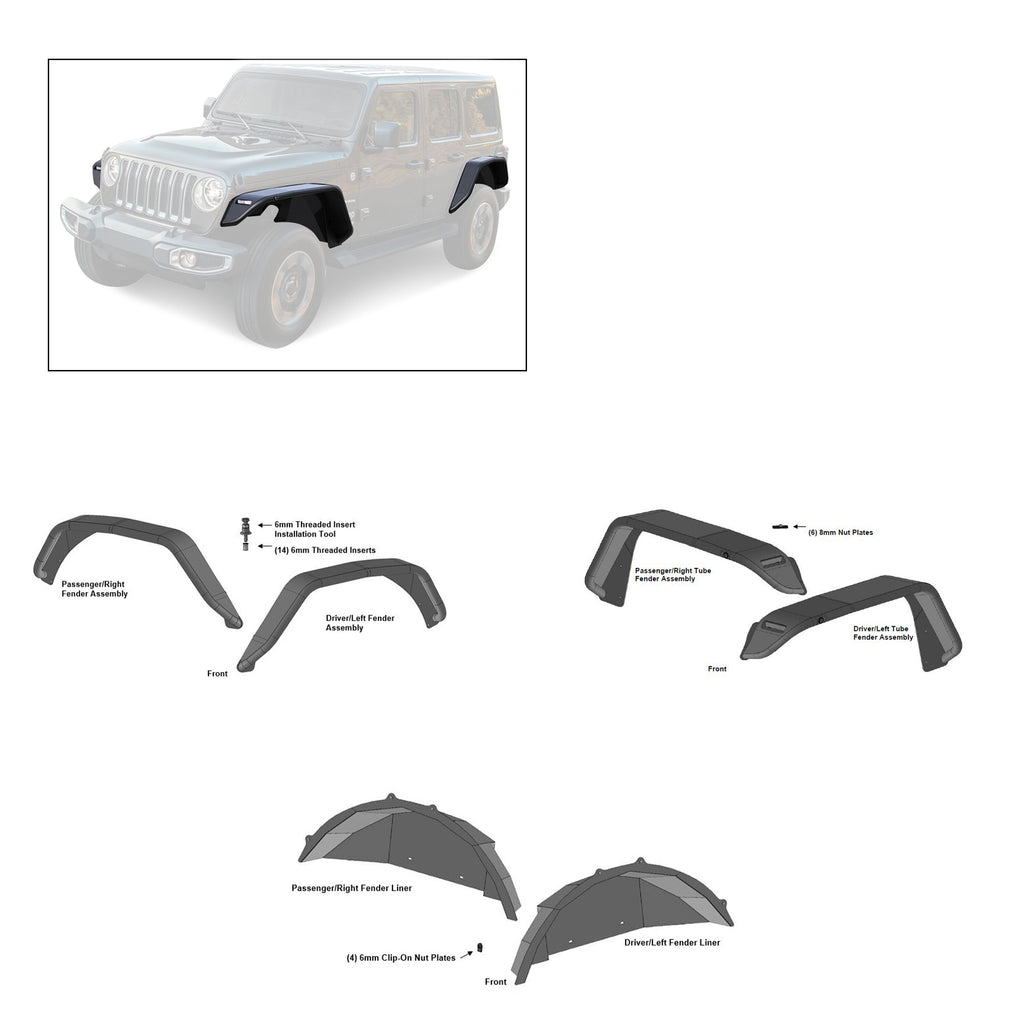 Black Horse Off Road TFFJ-FS Full Set Tubular Fender Flares & Inner Fender Flares Liners - Front & Rear for Select Jeep Wrangler