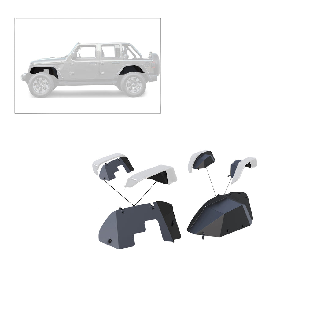 Black Horse Off Road TFFJL4 Full Set Inner Fender Flares Liners - Front & Rear for Select Jeep Wrangler