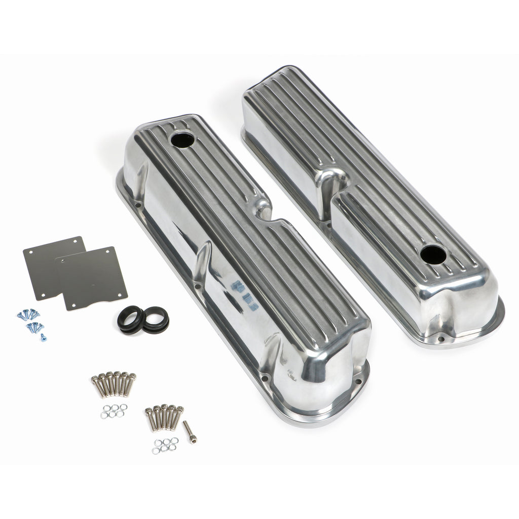 Tall-Valve-Covers;-Sb-Ford;-Finned;-Polished-Aluminum--With-Holes