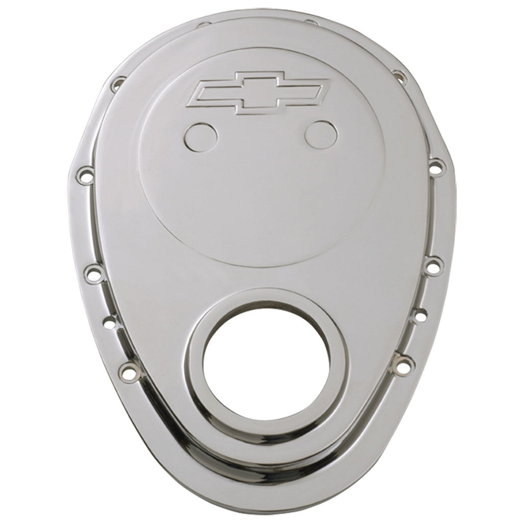 Timing-Chain-Cover;-Chrome-Plate-Aluminum;-With-Bowtie-Logo;-Fits-Sb-Chevy-69-91