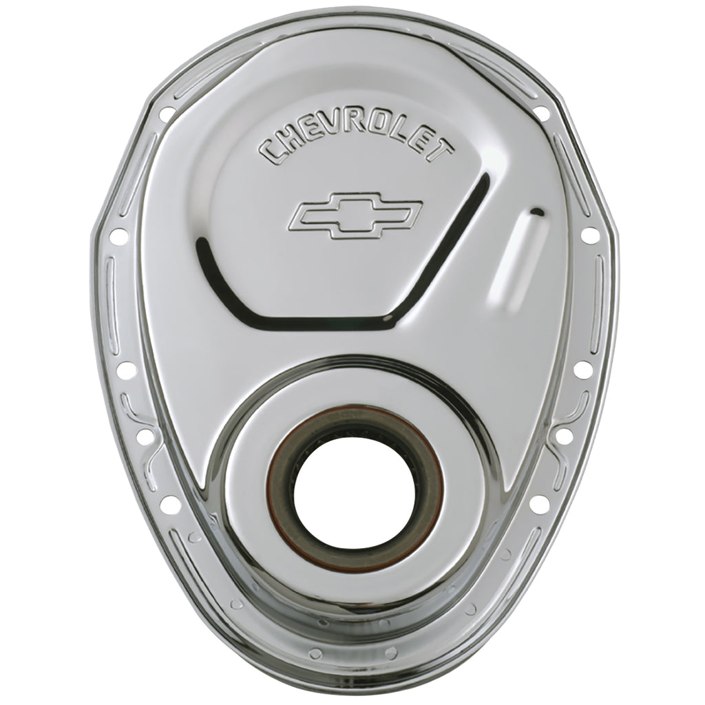 Timing-Chain-Cover;-Chrome;-Steel;-With-Chevy-And-Bowtie-Logo;-Sb-Chevy-69-91