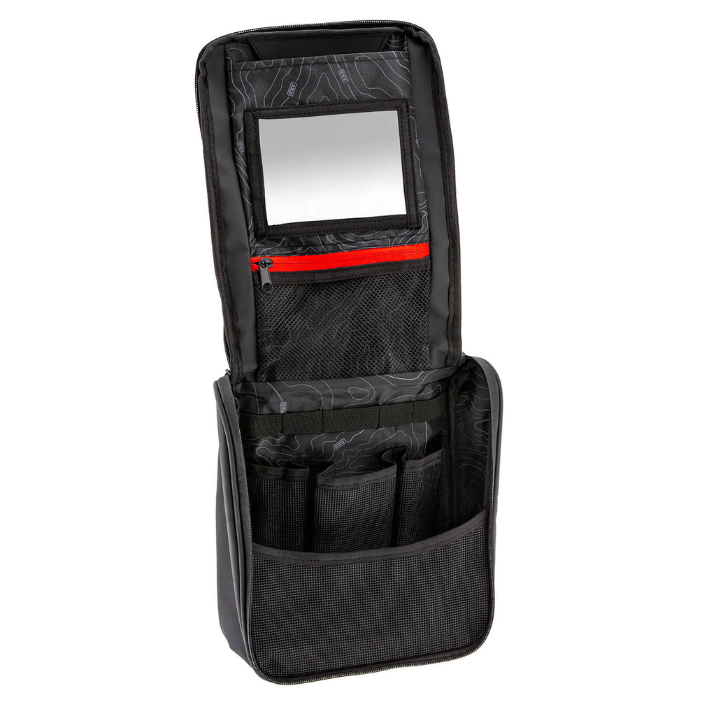 Toiletries-Bag-Charcoal-Finish-W-Red-Highlights-Pvc-Outer-Shell-Mesh-Pockets-Mirror