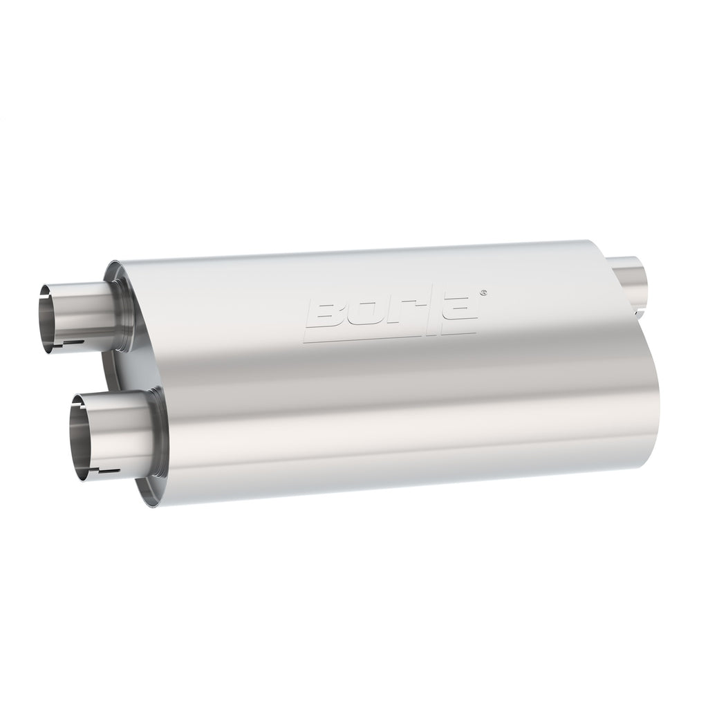 Transverse-Flow-Notched-Muffler---Oval-Single-InletDual-Outlet-2.5In-19In-X-10.5In-X-5.5In