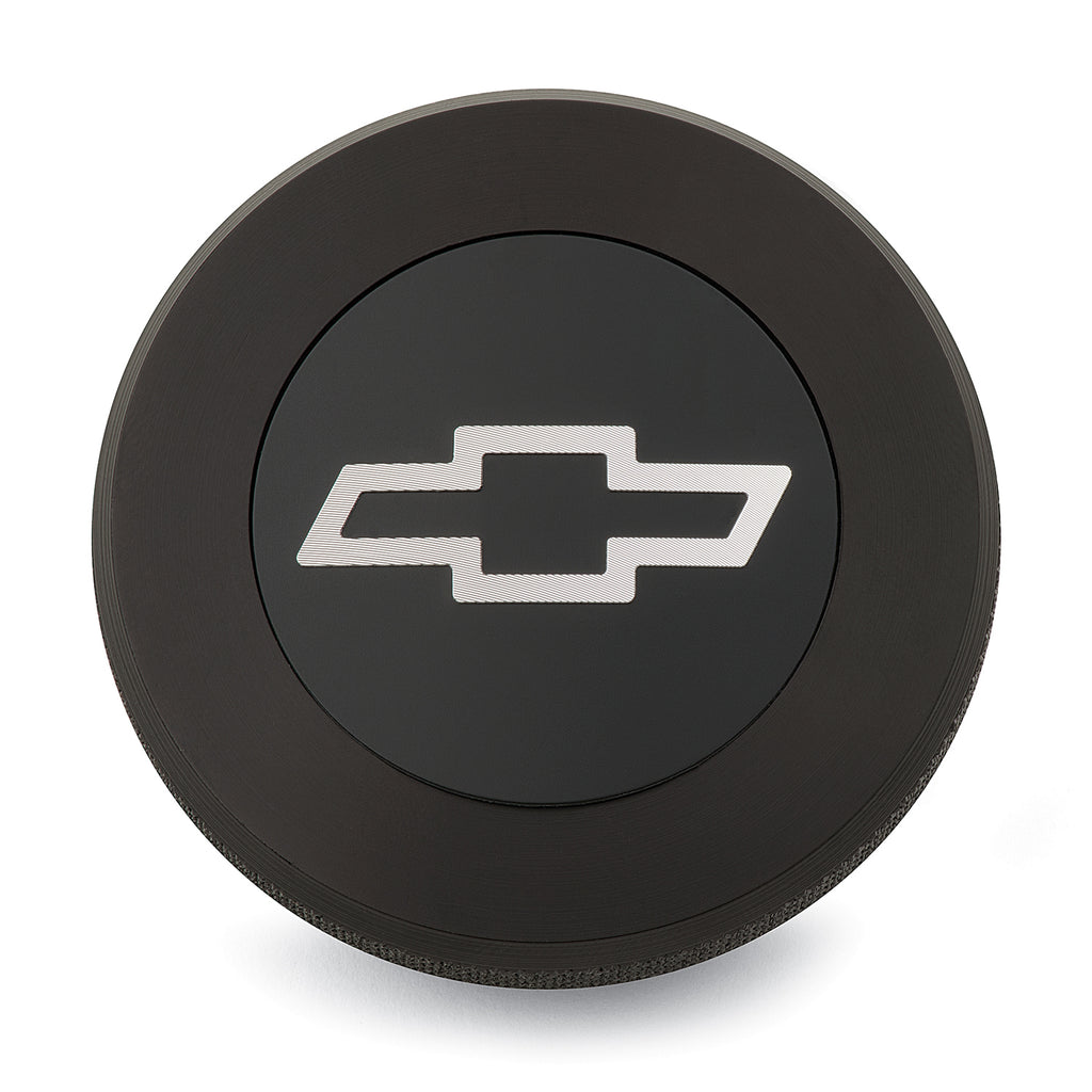 Twist-On-Radiator-Cap;-Chevrolet-Bowtie-Emblem;-Black-Anodized-Billet-Aluminum