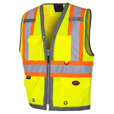 Pioneer _NOT_FOUND Hi-Vis 300D Oxford Poly Mesh Surveyor's Safety Vest - Mesh Back- Zipper Closure - Hi-Vis Yellow/Green