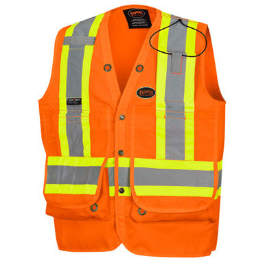Pioneer V1010350-M Hi-Vis 600D PU-Coated Oxford Poly Surveyor's Safety Vest - Snap Closure - Hi-Vis Orange - M