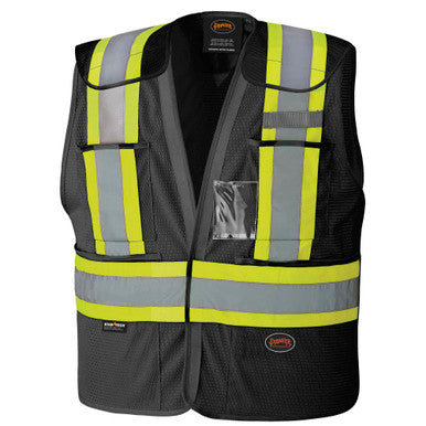 Pioneer V1021470-S/M Hi-Vis Poly Mesh Safety Vest - Drop Shoulder - 5-pt Tear-Away - Black S/M