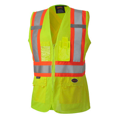 Pioneer V1021860-L Women's Hi-Vis Tricot Poly Interlock Safety Vest - Zipper Closure - Hi-Vis Yellow/Green - L