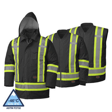 Pioneer V1120470-2XL Hi-Vis 7-in-1 Parka - 100% Waterproof - Detachable Hood - Black - 2XL