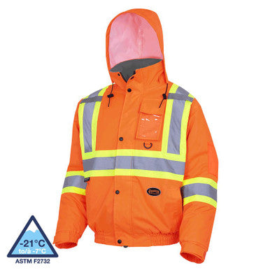 Pioneer V1150250-2XL Hi-Vis Winter Safety Bomber - 100% Waterproof - Detachable Hood - Hi-Vis Orange - 2XL