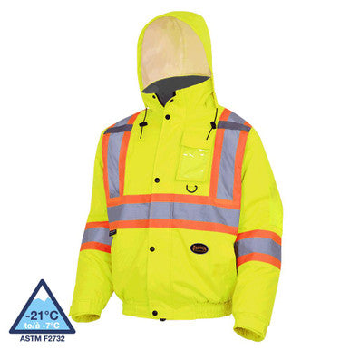 Pioneer V1150260-S Hi-Vis Winter Safety Bomber - 100% Waterproof - Detachable Hood - Hi-Vis Yellow/Green - S