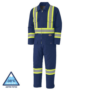 Pioneer V206098A-M Hi-Vis Quilted Cotton Duck Safety Coveralls - Zipper Closure - Navy - M