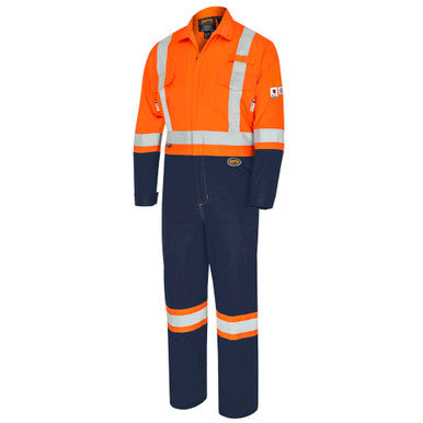 Pioneer V254135T-48 FR-Tech® 88/12 7oz. 2-Tone Safety Coveralls - Industrial Wash - Zipper Closure - Hi-Vis Orange/Navy - Tall - 48