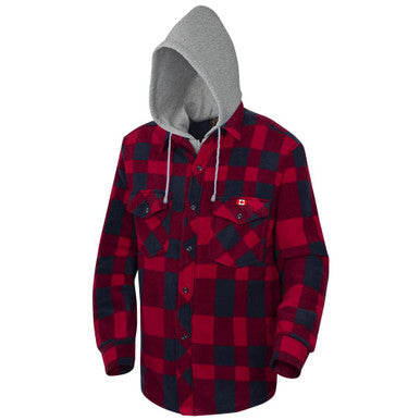 Pioneer V3080397-M Quilted Polar Fleece Hooded Shirt – Red/Black Plaid – M