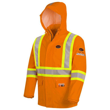 Pioneer V3520650-L Hi-Vis FR/ARC-Rated Poly/Cotton Rain Jacket - 100% Waterproof - Hi-Vis Orange - L