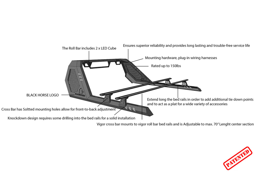 Black Horse Off Road VRCB6409B-G Vigor Roll Bar W/ Cross Bar for Select Jeep Gladiator