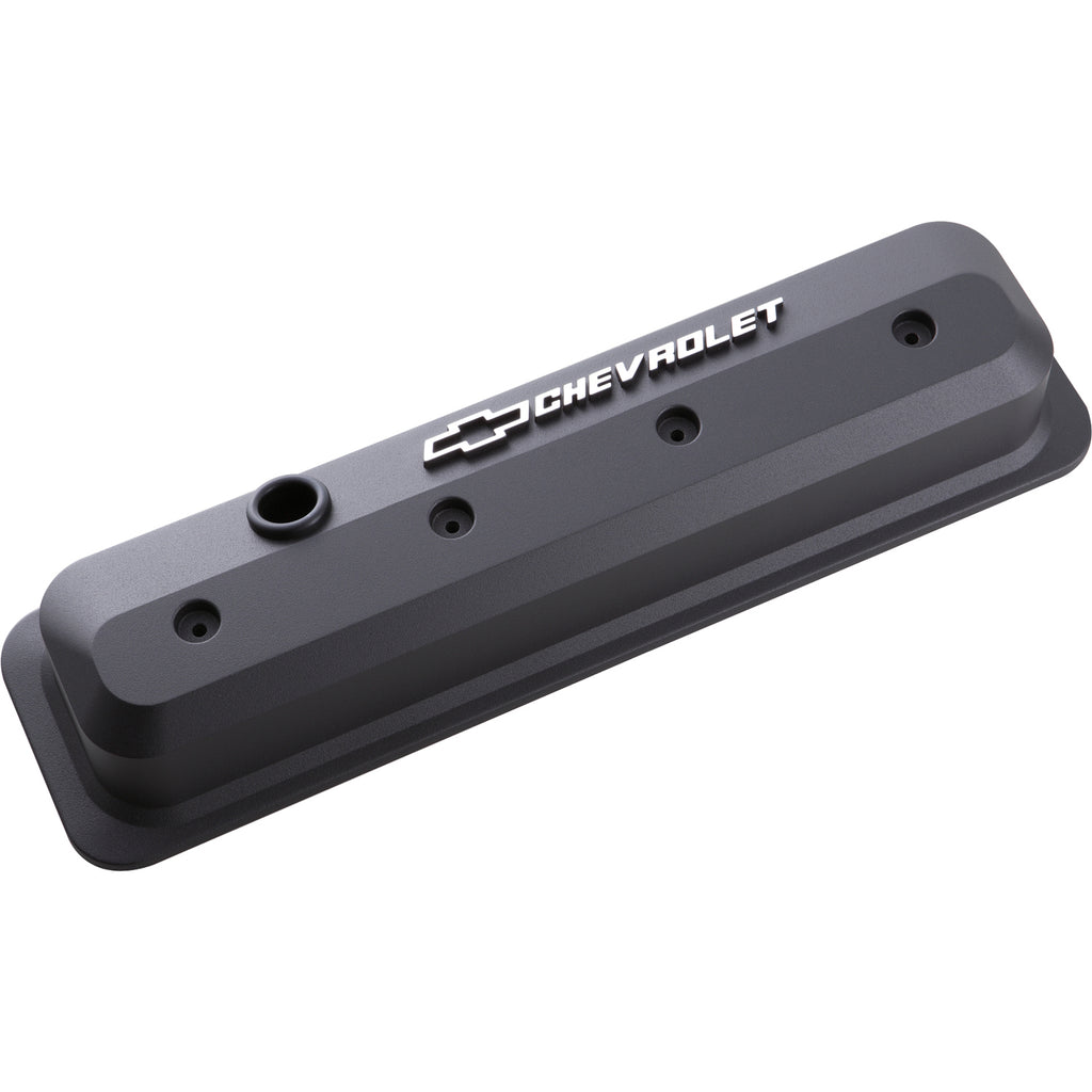Valve-Covers;-Sbc;-87-Pre-Ls;-Ctr-Bolt;-Tall;-Alum;-Blk-Crinkle;-Raised-Emblems