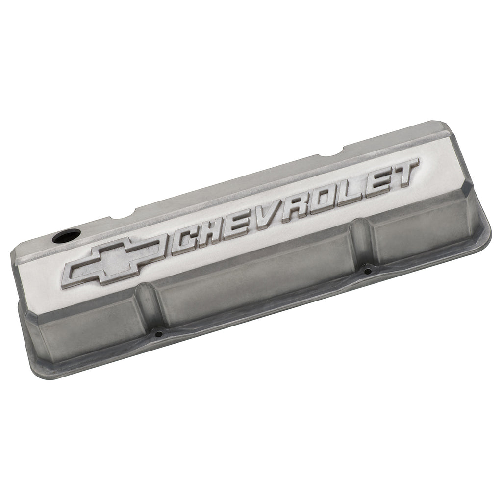 Valve-Covers;-Slant-Edge-Tall;-Alum;-Unpolished-W-Raised-Bowtie-Logo;-Sb-Chevy