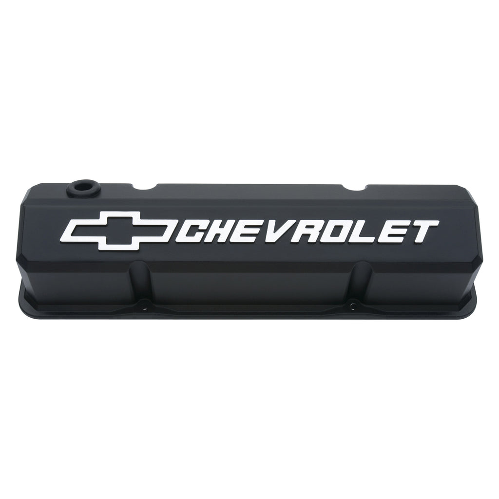 Valve-Covers;-Slant-Edge-Tall;-Die-Cast;-Black-W-Raised-Bowtie-Logo;-Sb-Chevy