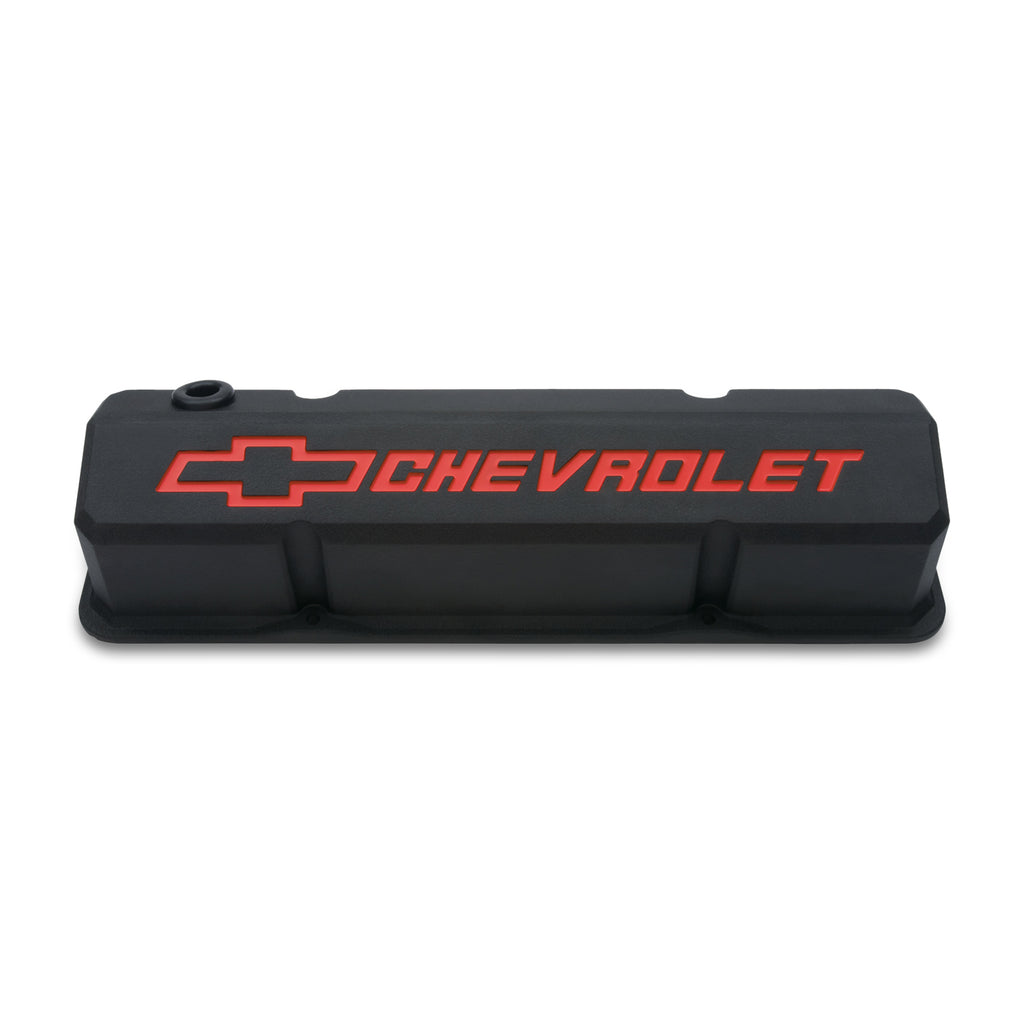Valve-Covers;-Slant-Edge-Tall;-Die-Cast;-Black-WRecessed-Bowtie-Logo;-Sb-Chevy