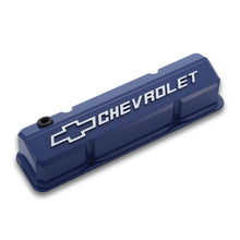 Load image into Gallery viewer, Valve-Covers;-Slant-Edge-Tall;-Die-Cast;-Blue-W-Raised-Bowtie-Logo;-Sb-Chevy