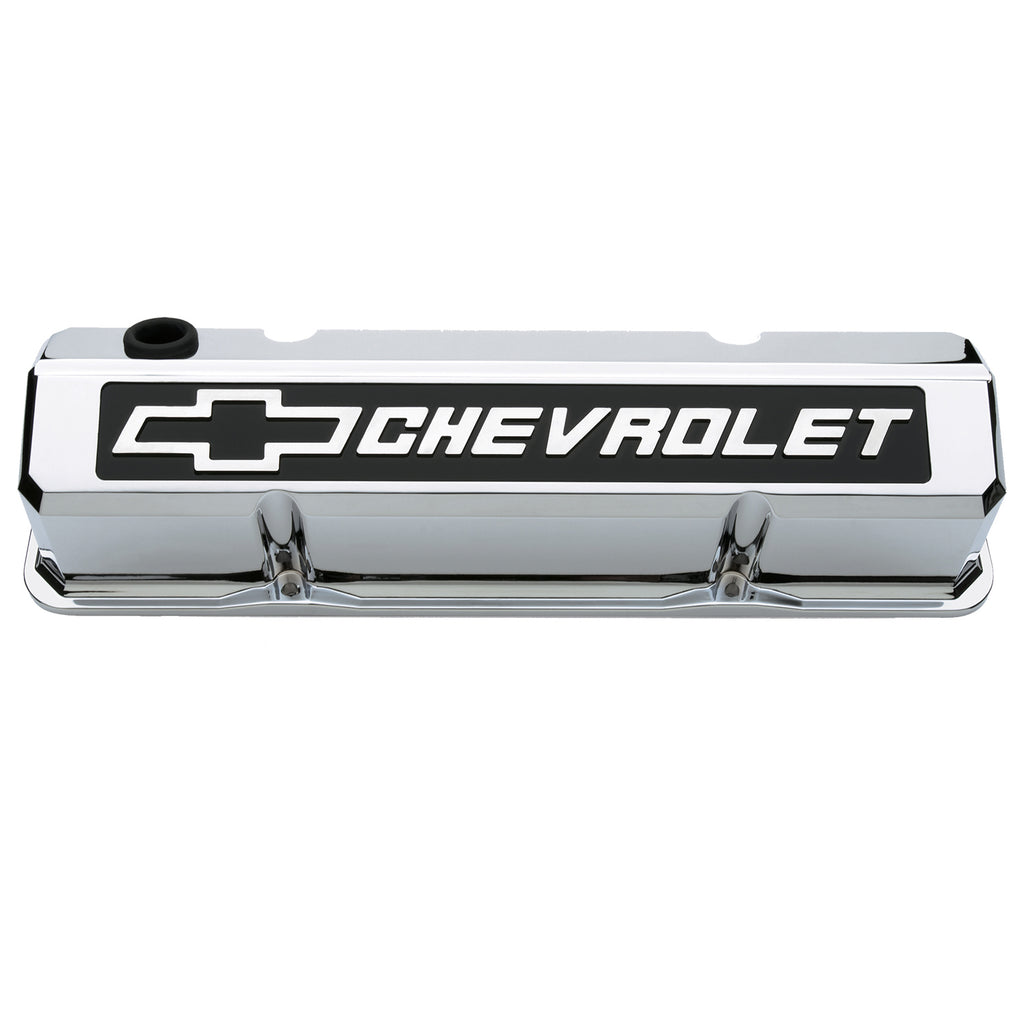 Valve-Covers;-Slant-Edge-Tall;-Die-Cast;-Chrome-WRaised-Bowtie-Logo;-Sb-Chevy