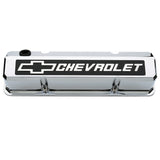 Proform 141-922 Valve Covers; Slant-Edge Tall; Die Cast; Chrome w/Raised Bowtie Logo; SB Chevy