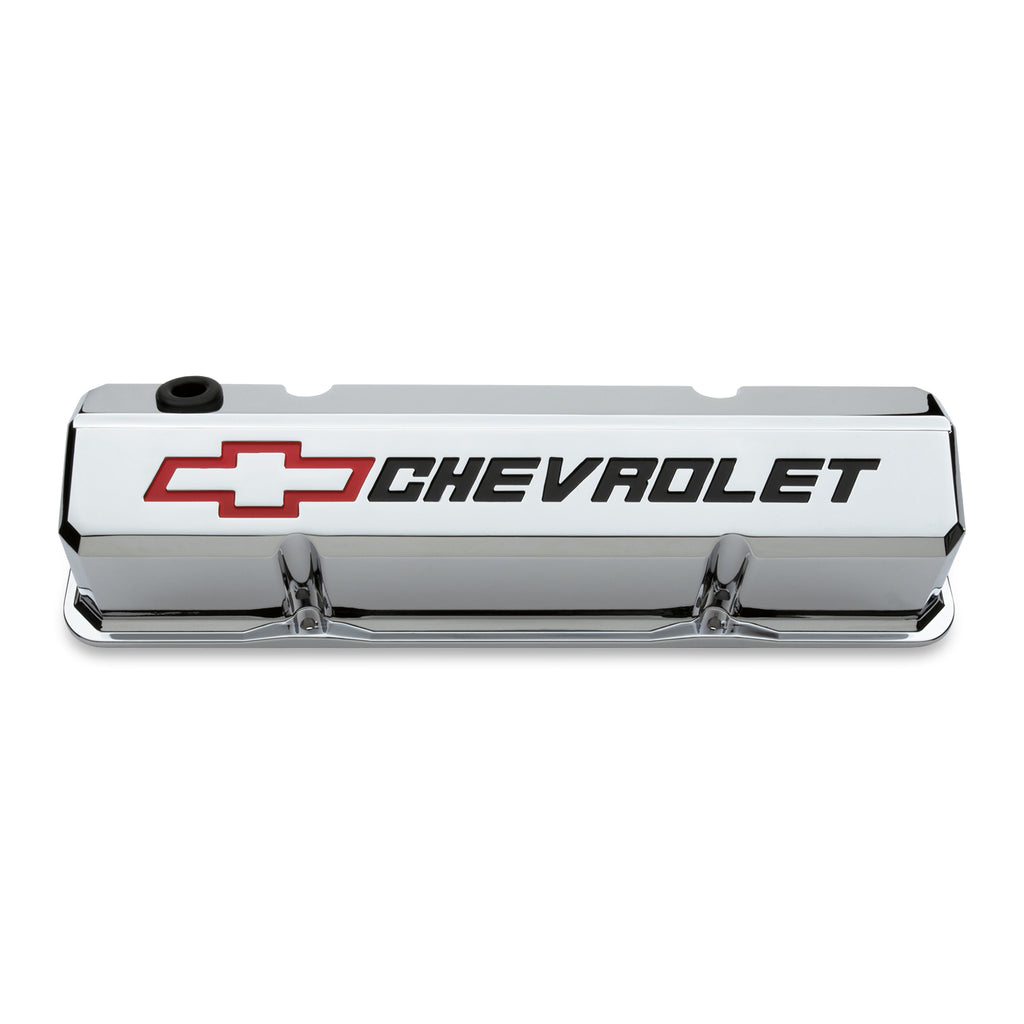 Valve-Covers;-Slant-Edge-Tall;-Die-Cast;-Chrome-WRecessed-Bowtie-Logo;-Sb-Chevy