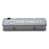 Proform 141-925 Valve Covers; Slant-Edge Tall; Die Cast; Gray w/Raised Bowtie Logo; For SB Chevy