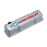 Proform 141-923 Valve Covers; Slant-Edge Tall; Die Cast; Gray w/Recessed Bowtie Logo; SB Chevy