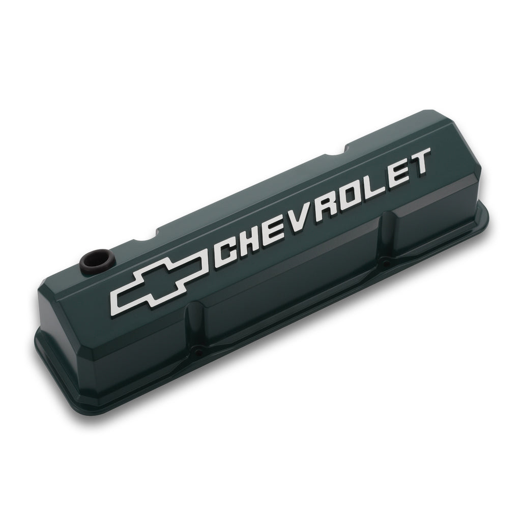 Valve-Covers;-Slant-Edge-Tall;-Die-Cast;-Green-W-Raised-Bowtie-Logo;-Sb-Chevy