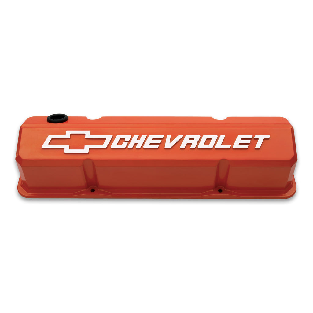 Valve-Covers;-Slant-Edge-Tall;-Die-Cast;-Orange-W-Raised-Bowtie-Logo;-Sb-Chevy