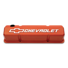 Load image into Gallery viewer, Valve-Covers;-Slant-Edge-Tall;-Die-Cast;-Orange-W-Raised-Bowtie-Logo;-Sb-Chevy