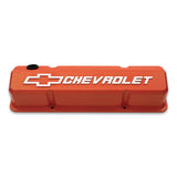Proform 141-924 Valve Covers; Slant-Edge Tall; Die Cast; Orange w/ Raised Bowtie Logo; SB Chevy