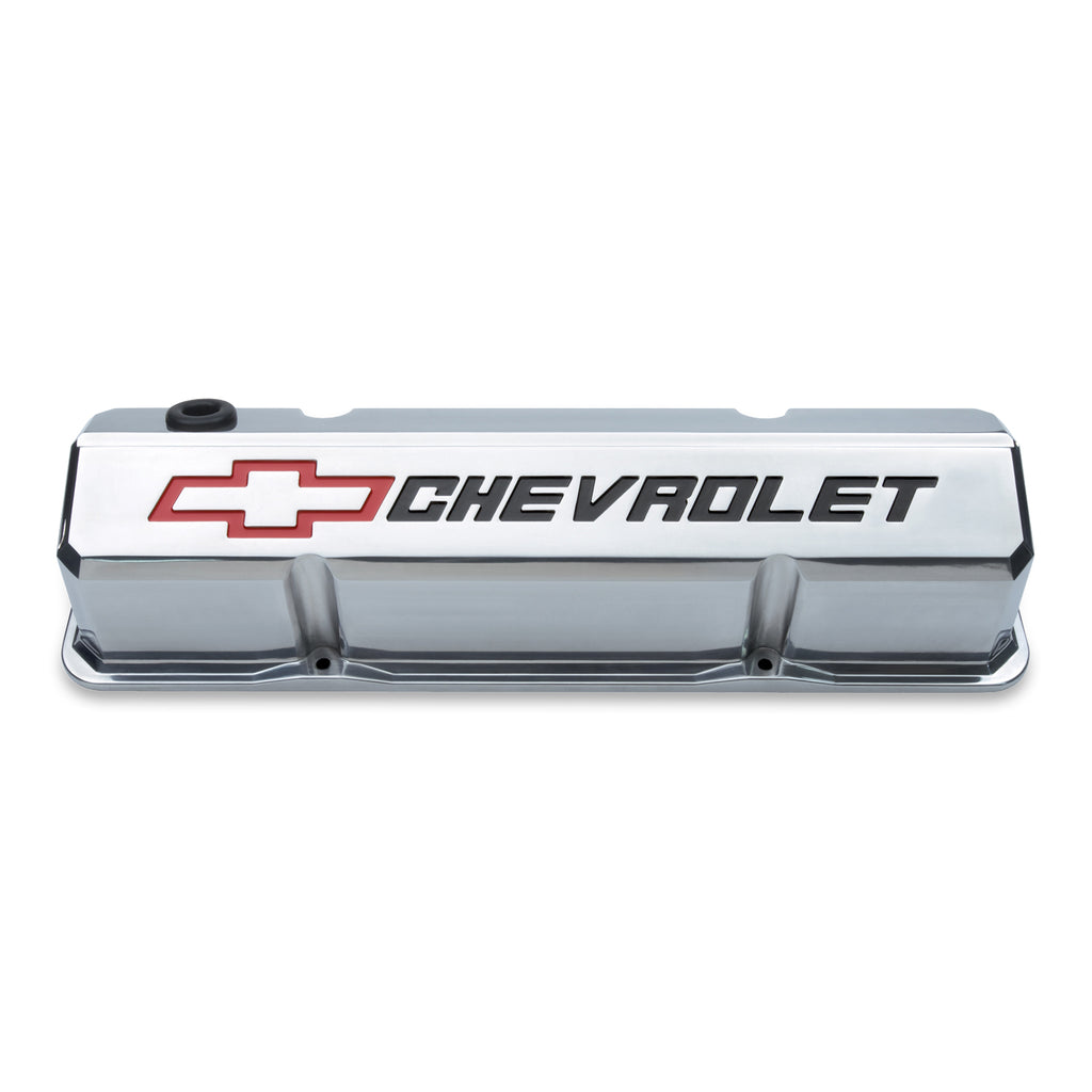 Valve-Covers;-Slant-Edge-Tall;-Die-Cast;-Polish-WRecessed-Bowtie-Logo;-Sb-Chevy