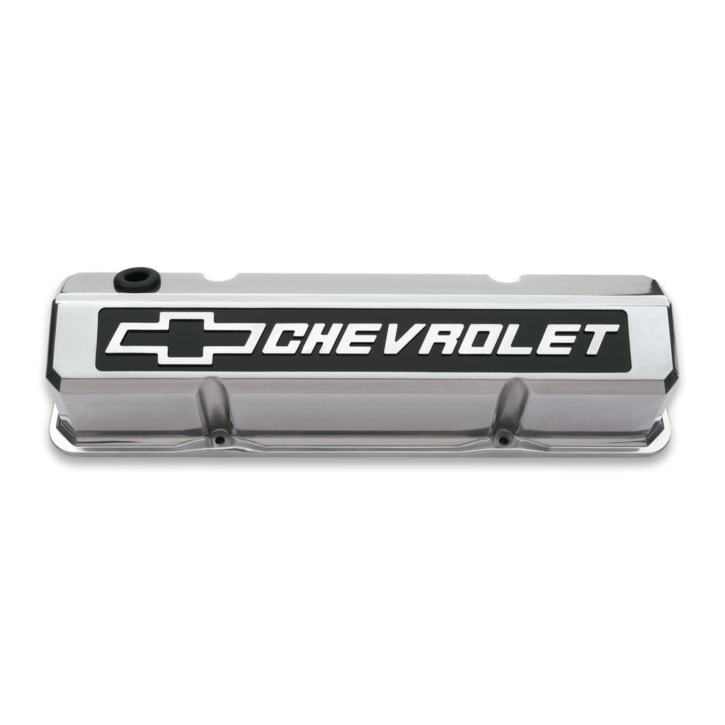 Valve-Covers;-Slant-Edge-Tall;-Die-Cast;-Polished-WRaised-Bowtie-Logo;-Sb-Chevy