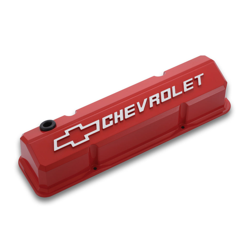 Valve-Covers;-Slant-Edge-Tall;-Die-Cast;-Red-W-Raised-Bowtie-Logo;-Sb-Chevy