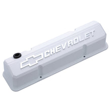 Load image into Gallery viewer, Valve-Covers;-Slant-Edge-Tall;-Die-Cast;-White-W-Raised-Bowtie-Logo;-Sb-Chevy