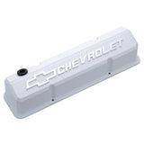 Proform 141-935 Valve Covers; Slant-Edge Tall; Die Cast; White w/ Raised Bowtie Logo; SB Chevy