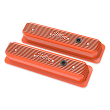 Load image into Gallery viewer, Vintage-Finned-Valve-Cover----Script---Sbc---Center-Bolt---Factory-Orange-Machined