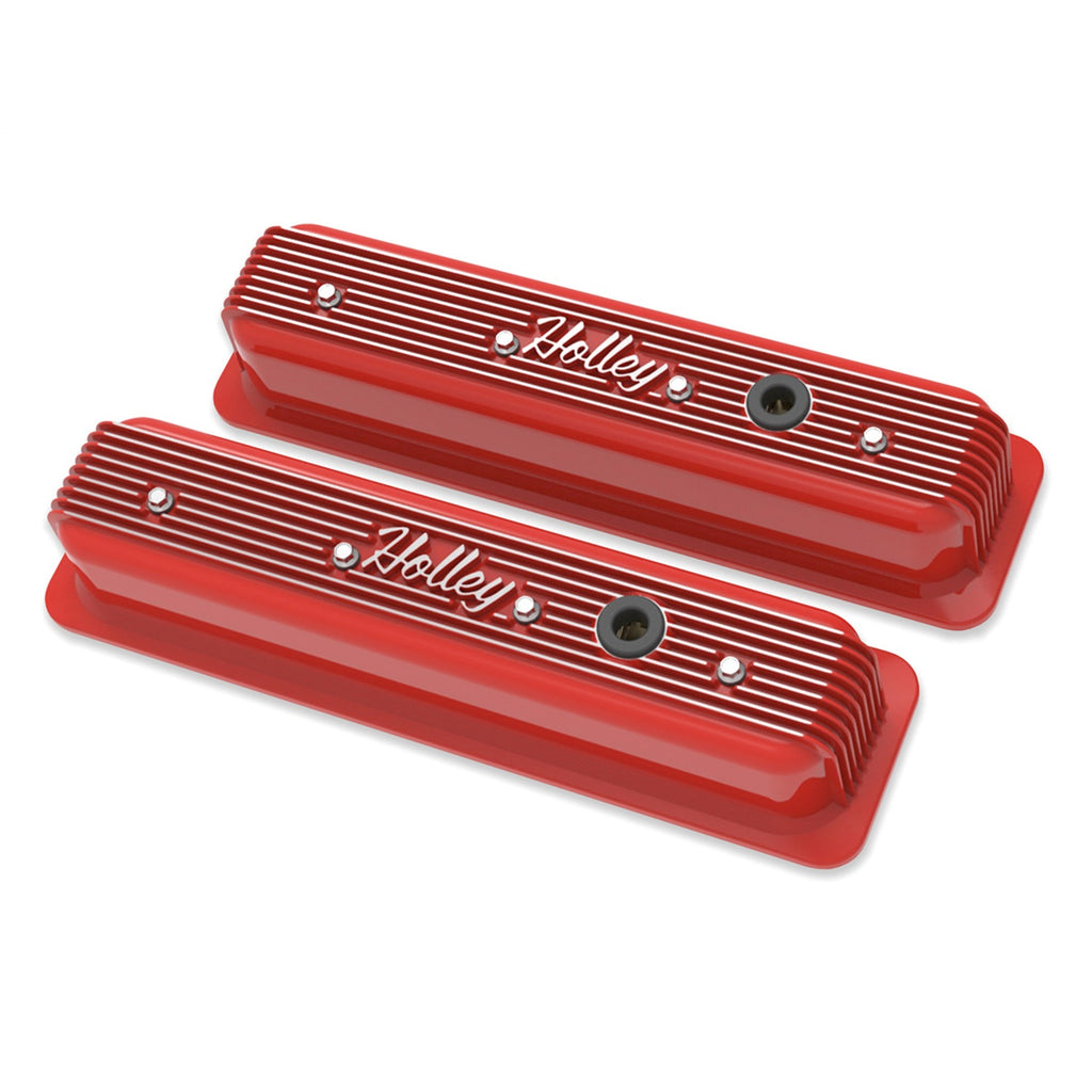 Vintage-Finned-Valve-Cover----Script---Sbc---Center-Bolt---Gloss-Red-Machined