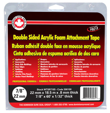 Dominion Sure Seal WTSR7/8S Double Sided Attachment Tape 7/8"