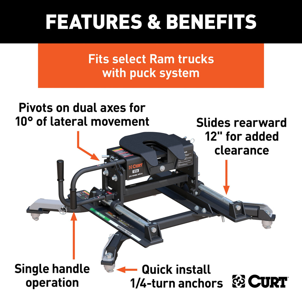 CURT 16684 E16 Sliding 5th Wheel Hitch; 16K; Select Ram 2500; 3500; 6.5ft. Bed Puck System - Truck Part Superstore