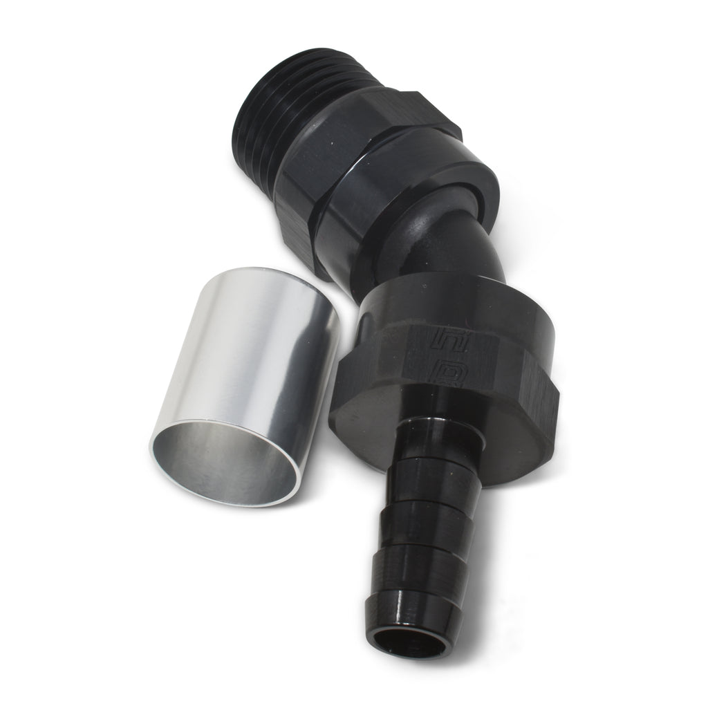 Hose-End-Crimp-On-10-Sae-Port-Male-To-8-Hose-45-Deg-Swivel-Blk-Anodized