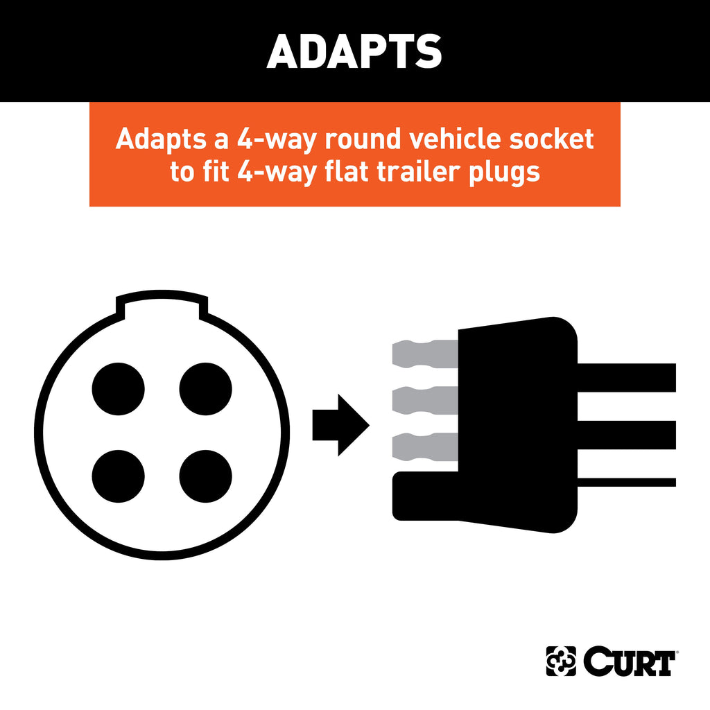 CURT 57444 Electrical Adapter (4-Way Round Vehicle to 4-Way Flat Trailer; Packaged) - Truck Part Superstore