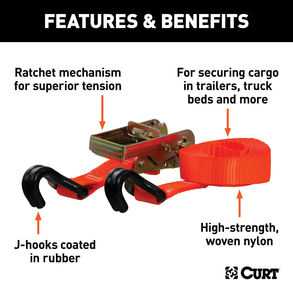 CURT 83026 16ft. Orange Cargo Straps with J-Hooks (1;100 lbs; 2-Pack) - Truck Part Superstore