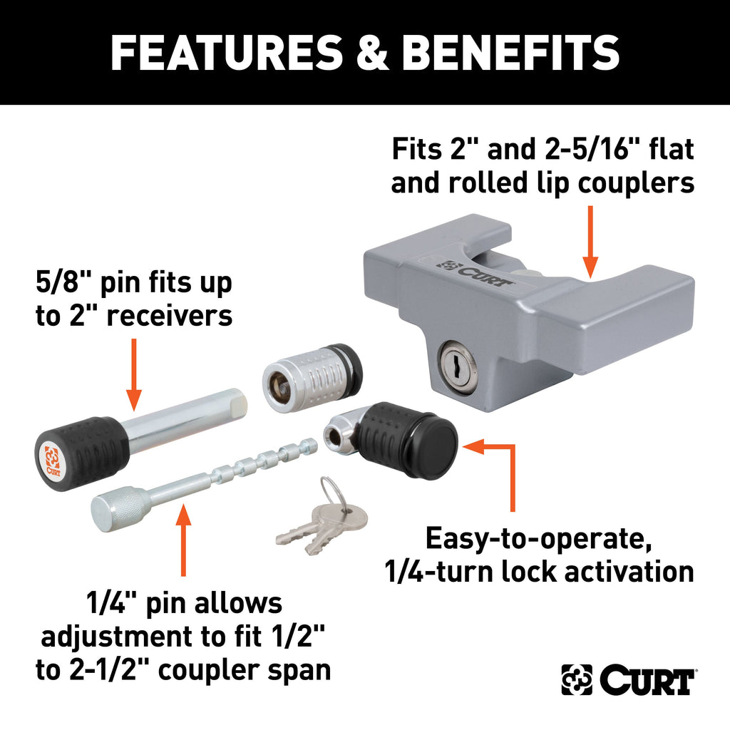 CURT 23088 Hitch/Coupler Lock Set (2in. Receiver; 1/2in. to 2-1/2in. Latch; 2in./2-5/16in. - Truck Part Superstore